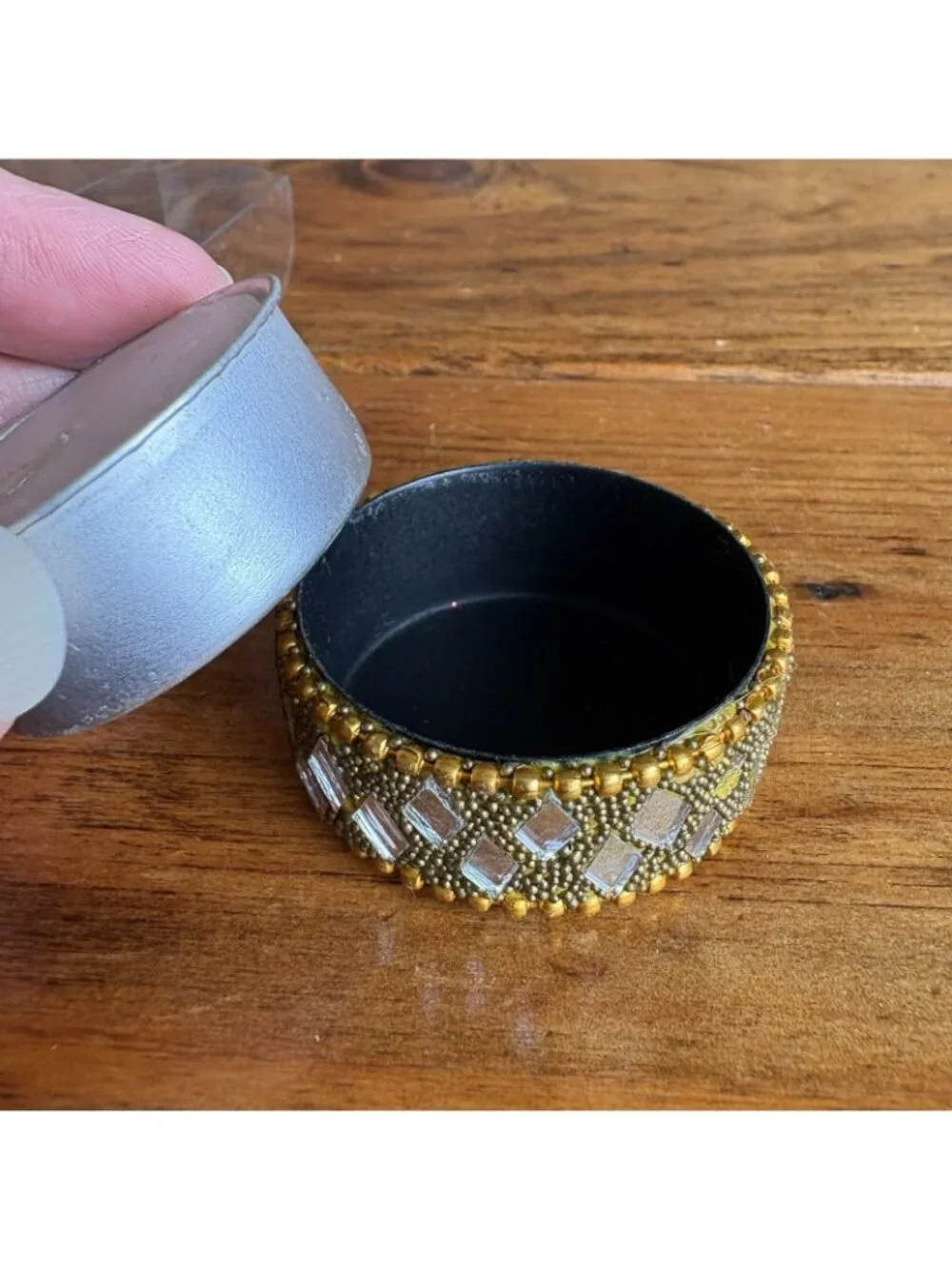 Pier 1 Tea Light Candles & Holders Silver Beaded Mirror Cut Diamond Shape Design